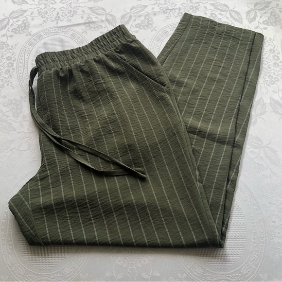 NYCC Olive Green/Cream Striped Bohemian Style Casual Pants Women’s Size L Elasti - Picture 13 of 16